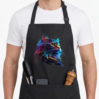 Colorful kitty cat apron - Realistic multicolored cat head in blue, purple, pink, yellow, and green — shown on a black cotton canvas apron against a white background