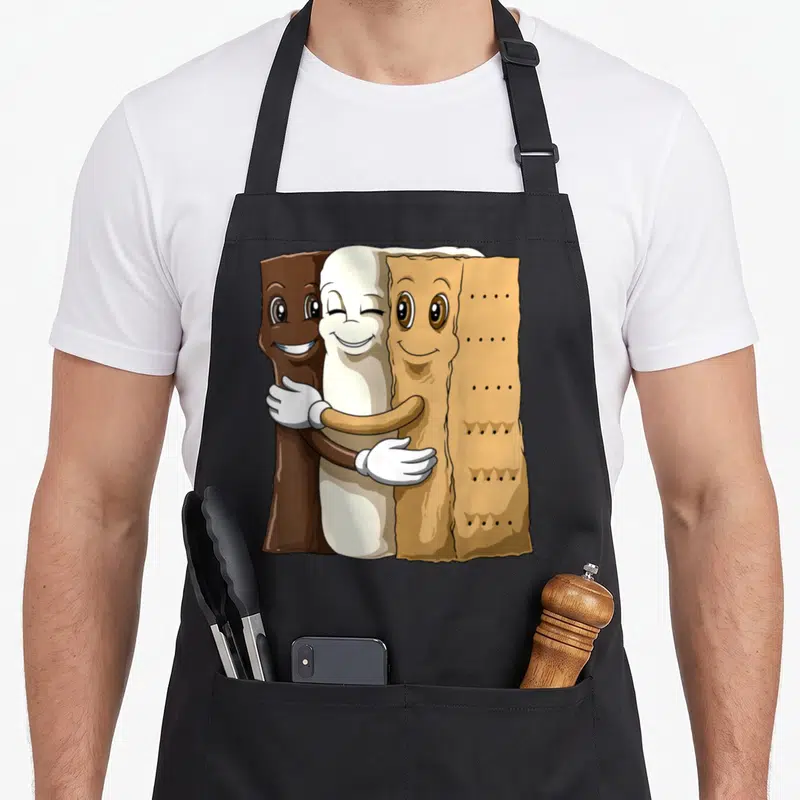 Hug smore camping apron - Cartoon chocolate marshmallow and graham cracker standing side-by-side hugging in brown — shown on a black cotton canvas apron against a white background
