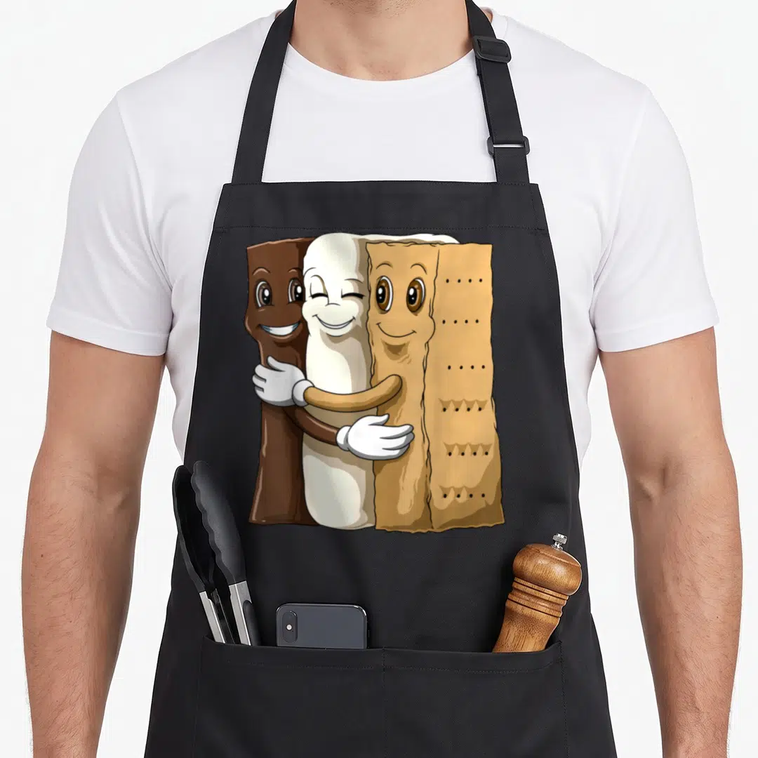 Hug smore camping apron - Cartoon chocolate marshmallow and graham cracker standing side-by-side hugging in brown — shown on a black cotton canvas apron against a white background