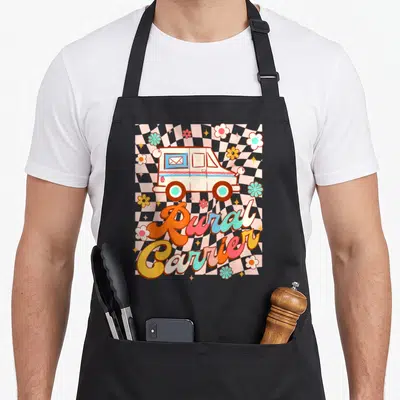 Mailman postman postal aprons - Retro mail truck and Rural Carrier script on wavy pink checkerboard — shown on a black cotton canvas apron against a white background