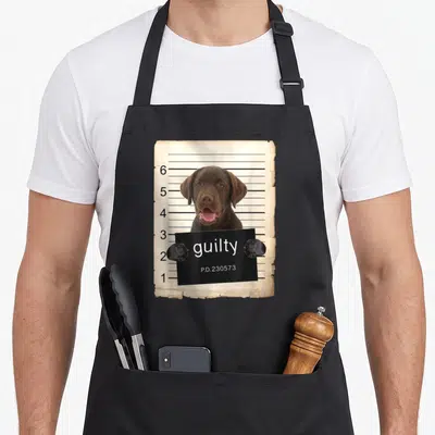 Lab chocolate labrador apron - Brown dog holding black guilty sign in front of height chart with numbers — shown on a black cotton canvas apron against a white background