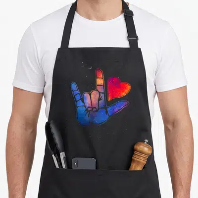 Sign i love throw apron - Watercolor galaxy hand sign and heart surrounded by stars and moon — shown on a black cotton canvas apron against a white background