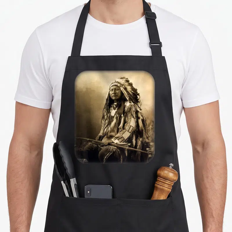 Funny chiefs apron - Sepia photo of seated Native American man in traditional dress holding a spear inside rounded frame — shown on a black cotton canvas apron against a white background