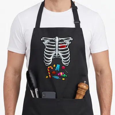 Xray halloween apron - White ribcage with red heart above colorful candy cluster in cartoon style — shown on a black cotton canvas apron against a white background