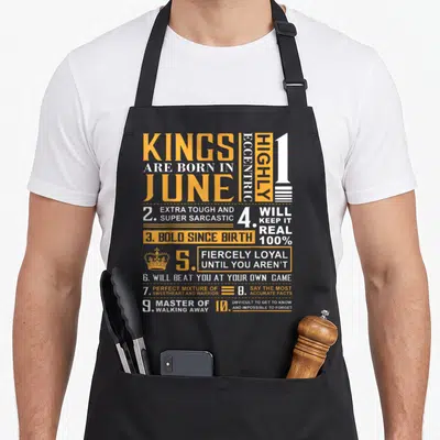 Birthday june king apron - Yellow and white text blocks listing sarcasm traits for June kings with a small crown icon — shown on a black cotton canvas apron against a white background