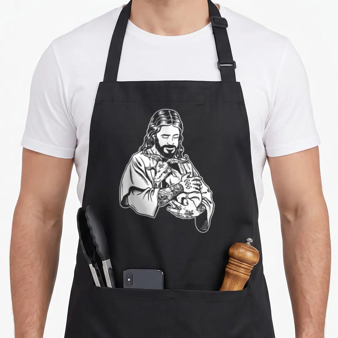 Blackcraft goat apron - White line art of tattooed man holding goat with 666 and Dead Inside text — shown on a black cotton canvas apron against a white background