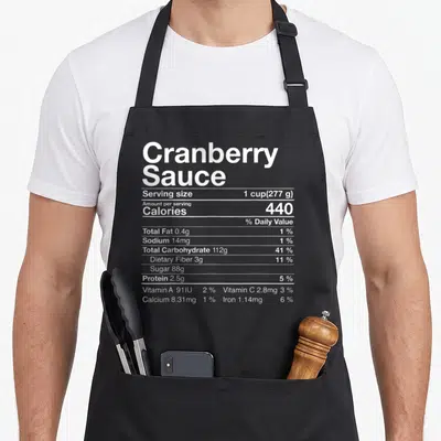 Cranberry thanksgiving day aprons - White nutrition facts label for Cranberry Sauce showing 440 calories and 88g sugar — shown on a black cotton canvas apron against a white background