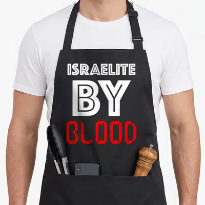 Israelite blood apron - Stacked white and red text reading ISRAELITE BY BLOOD — shown on a black cotton canvas apron against a white background