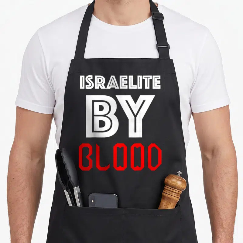 Israelite blood apron - Stacked white and red text reading ISRAELITE BY BLOOD — shown on a black cotton canvas apron against a white background