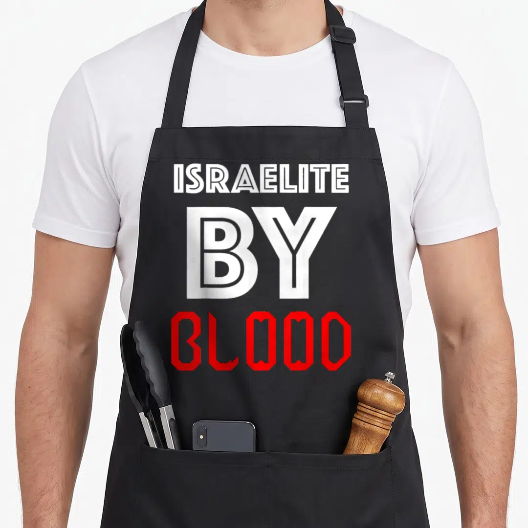 Israelite blood apron - Stacked white and red text reading ISRAELITE BY BLOOD — shown on a black cotton canvas apron against a white background