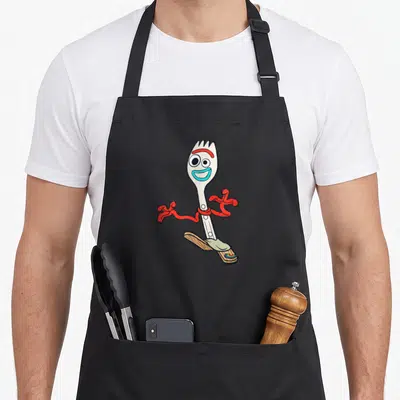 Forky running apron - Cartoon spork character in white and red standing on wooden base with rainbow — shown on a black cotton canvas apron against a white background