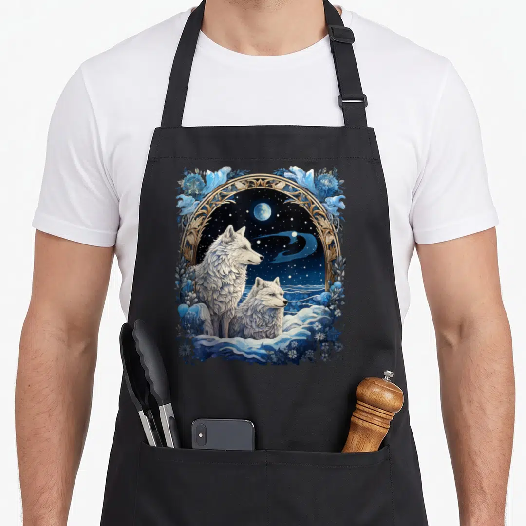 Wolve winter apron - Two white wolves in gold frame with blue flowers and moon — shown on a black cotton canvas apron against a white background