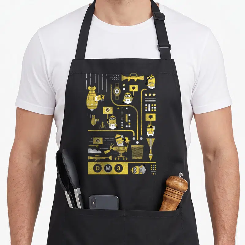 Despicable ideas apron - Schematic Minions with gadgets and D M 3 text in distressed yellow and white — shown on a black cotton canvas apron against a white background