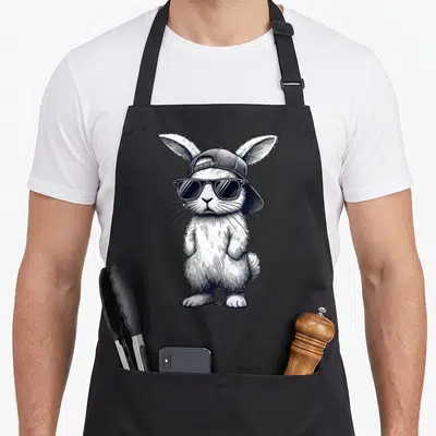 Face easter bunny aprons - Black line-art rabbit standing upright wearing sunglasses and a backwards cap — shown on a black cotton canvas apron against a white background