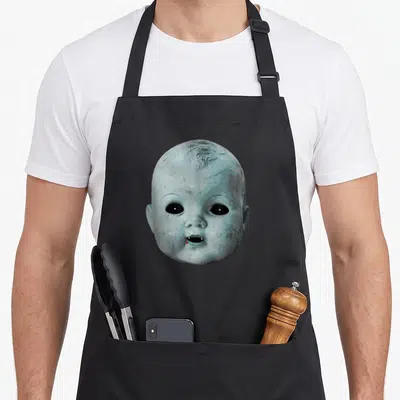 Creepy halloween apron - Realistic pale blue baby head with black eyes, fangs, and a red drop — shown on a black cotton canvas apron against a white background