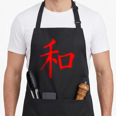 Japanese writing lover apron - Single red kanji character representing peace printed on gray background — shown on a black cotton canvas apron against a white background