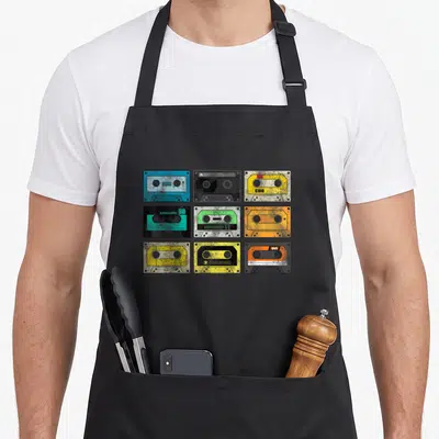 Audio 80s apron - Nine colorful cassette tapes in a 3x3 grid showing C60 and stereo labels — shown on a black cotton canvas apron against a white background
