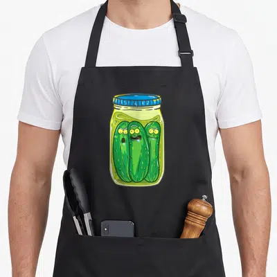 Rick pickle apron - Three green anthropomorphic pickles with faces inside a glass jar with a blue lid in cartoon style — shown on a black cotton canvas apron against a white background