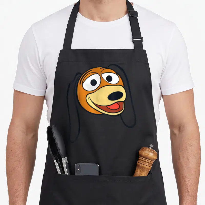 Funny slinky dog apron - Cartoon dog face in orange and yellow with long black ears — shown on a black cotton canvas apron against a white background