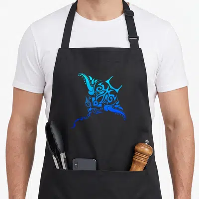 Hawaiian tattoo apron - Stylized stingray with cyan to blue gradient and ornate swirls in line-art style — shown on a black cotton canvas apron against a white background