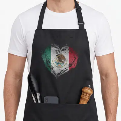 Shape mexico apron - Distressed heart shape filled with green white red Mexican flag colors and central eagle emblem — shown on a black cotton canvas apron against a white background