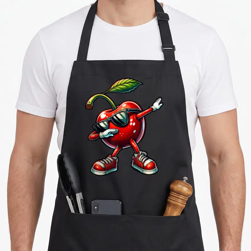 Dabbing cherry apron - Red cartoon cherry wearing sunglasses and sneakers in a dab pose with green leaf — shown on a black cotton canvas apron against a white background