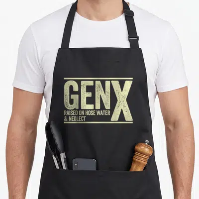 Hose x apron - Beige distressed GEN X raised on hose water & neglect text framed by horizontal lines — shown on a black cotton canvas apron against a white background