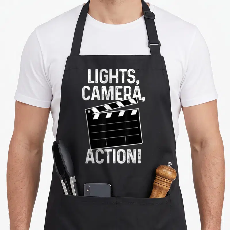 Movie producer apron - Distressed clapperboard with LIGHTS CAMERA ACTION text in black and white — shown on a black cotton canvas apron against a white background
