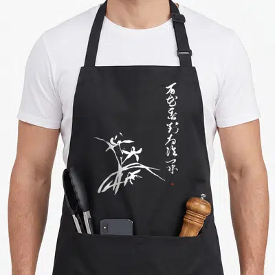 Zen orchid apron - White calligraphic orchid drawing with vertical script and small red stamp on grey background — shown on a black cotton canvas apron against a white background