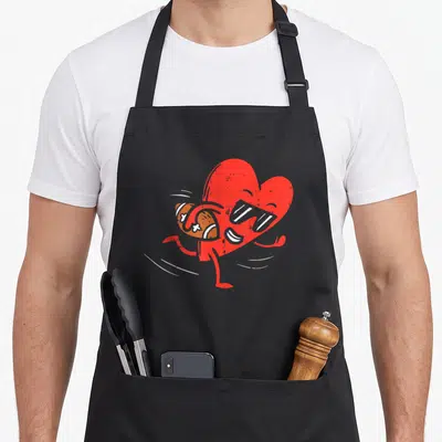 Football valentine's day apron - Red cartoon heart running with sunglasses and brown football — shown on a black cotton canvas apron against a white background