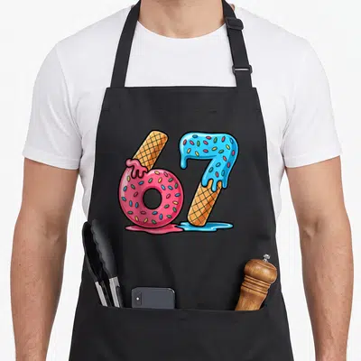Six ice cream apron - Number 67 formed by pink donut and blue glazed ice cream cone with puddles — shown on a black cotton canvas apron against a white background