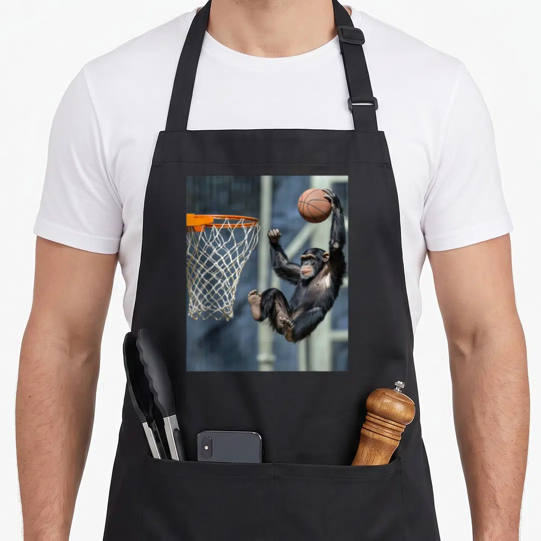 Basketball chimpanzee apron - Photo of chimpanzee jumping with orange basketball near hoop and net — shown on a black cotton canvas apron against a white background
