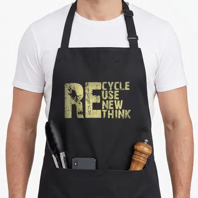Recycle earth day apron - Gold RECYCLE REUSE RENEW RETHINK typography with enlarged RE column on grey background — shown on a black cotton canvas apron against a white background
