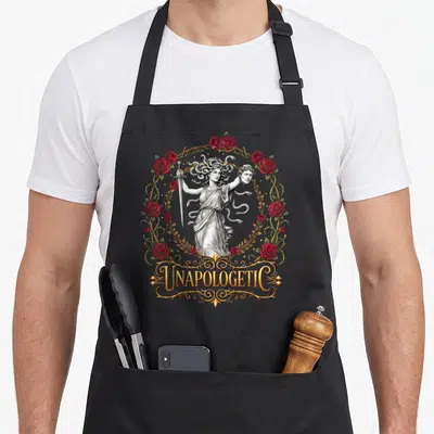 Medusa unapologetic apron - Realistic Medusa holding sword and severed head surrounded by red roses and green wreath — shown on a black cotton canvas apron against a white background