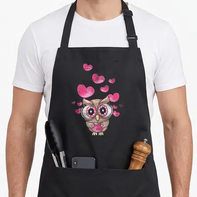 Funny bird owl apron - Cartoon brown owl holding a pink heart surrounded by floating pink hearts — shown on a black cotton canvas apron against a white background