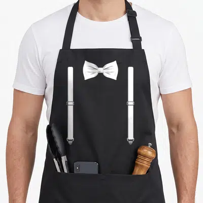 Bow special aprons - Realistic white bow tie and two vertical suspender straps with silver buckles — shown on a black cotton canvas apron against a white background