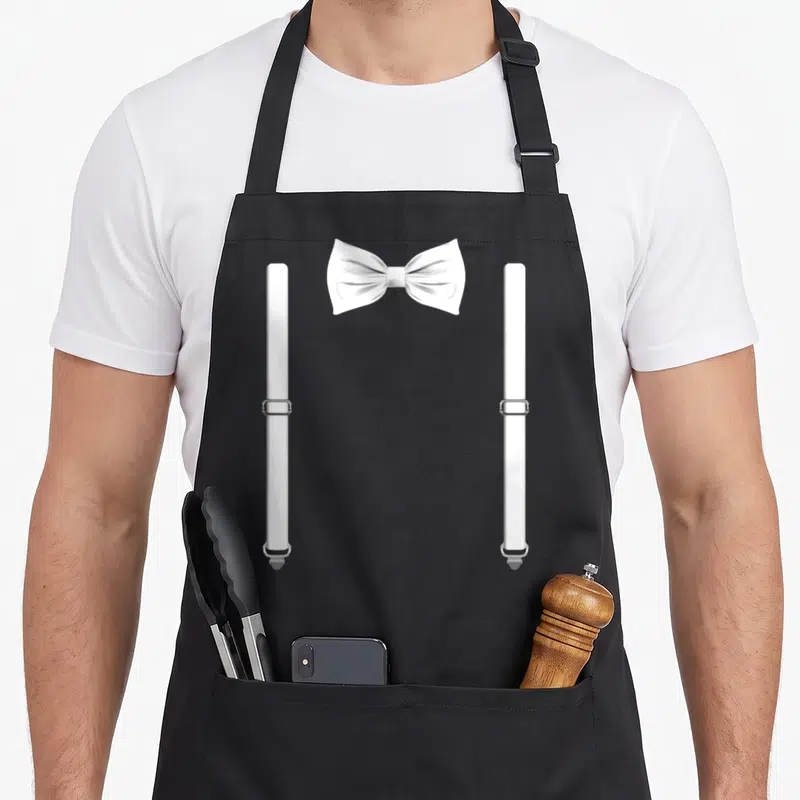 Bow special aprons - Realistic white bow tie and two vertical suspender straps with silver buckles — shown on a black cotton canvas apron against a white background