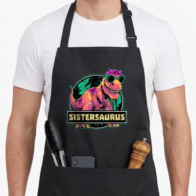 Sister dinosaur apron - Cartoon T-Rex with sunglasses and SISTERSAURUS text in purple and teal — shown on a black cotton canvas apron against a white background