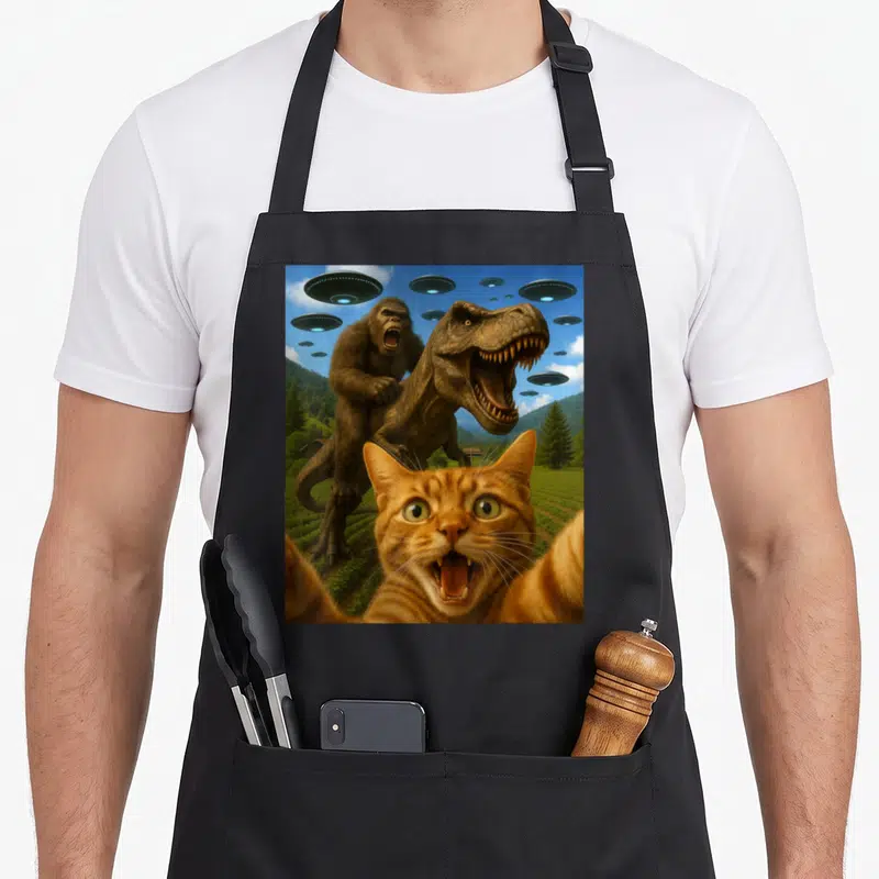 Bigfoot funny cat apron - Orange cat selfie with gorilla riding T-Rex and UFOs over green landscape — shown on a black cotton canvas apron against a white background