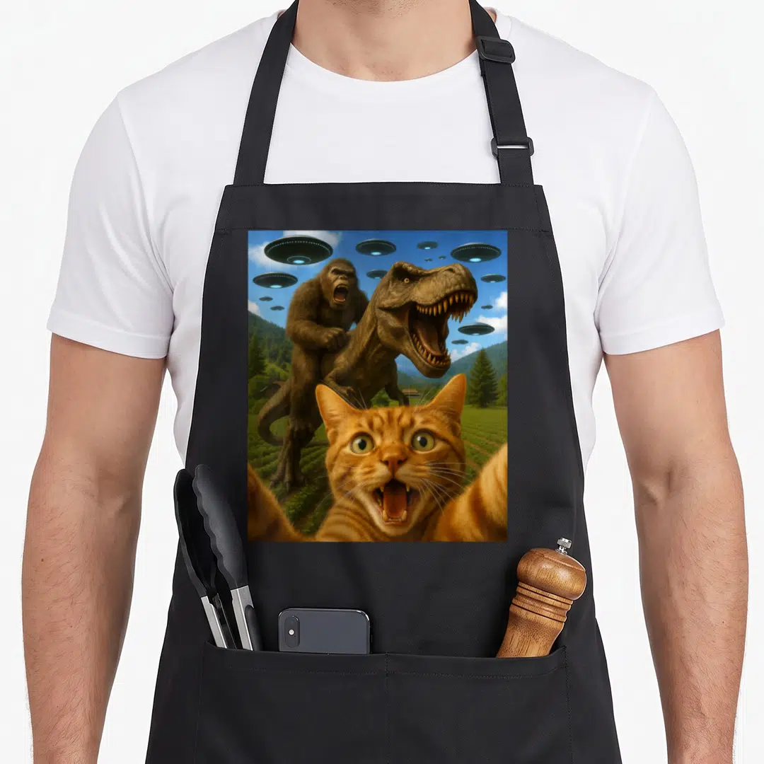 Bigfoot funny cat apron - Orange cat selfie with gorilla riding T-Rex and UFOs over green landscape — shown on a black cotton canvas apron against a white background