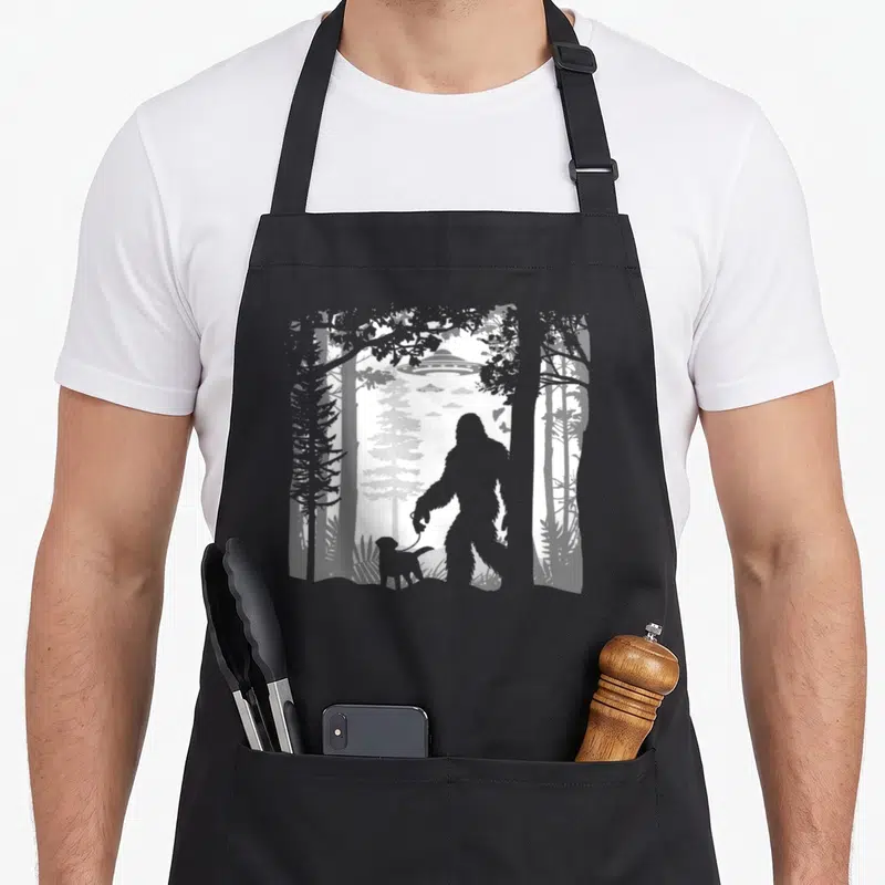 Sasquatch wood apron - Grey and white silhouette of Bigfoot walking a dog with UFOs in a forest — shown on a black cotton canvas apron against a white background
