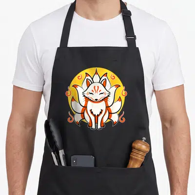 Kitsune kawaii aprons - White orange cartoon kitsune fox on yellow circle with six orange flames — shown on a black cotton canvas apron against a white background
