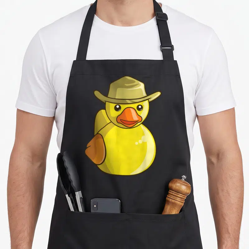 Cowboy cotton duck apron - Yellow cartoon rubber duck wearing an olive cowboy hat with an orange beak — shown on a black cotton canvas apron against a white background