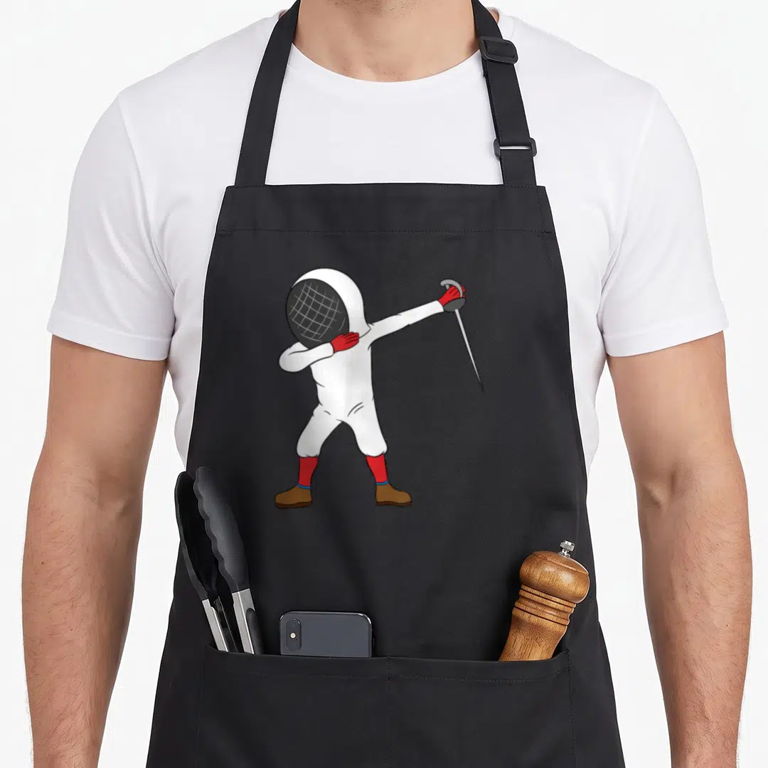 Dabbing sport fencing apron - Cartoon fencer in white uniform and red gloves dabbing while holding a foil extended — shown on a black cotton canvas apron against a white background