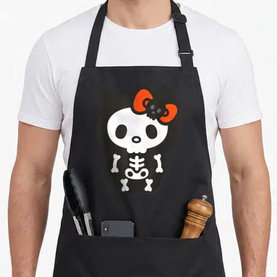 Halloween skeleton apron - Cartoon skeleton cat with white bones and orange bow on black background — shown on a black cotton canvas apron against a white background