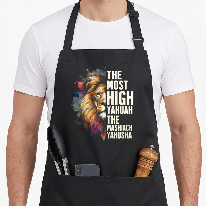 Yahweh jewish apron - Watercolor lion head next to stacked text THE MOST HIGH YAHUAH THE MASHIACH YAHUSHA in gold blue — shown on a black cotton canvas apron against a white background