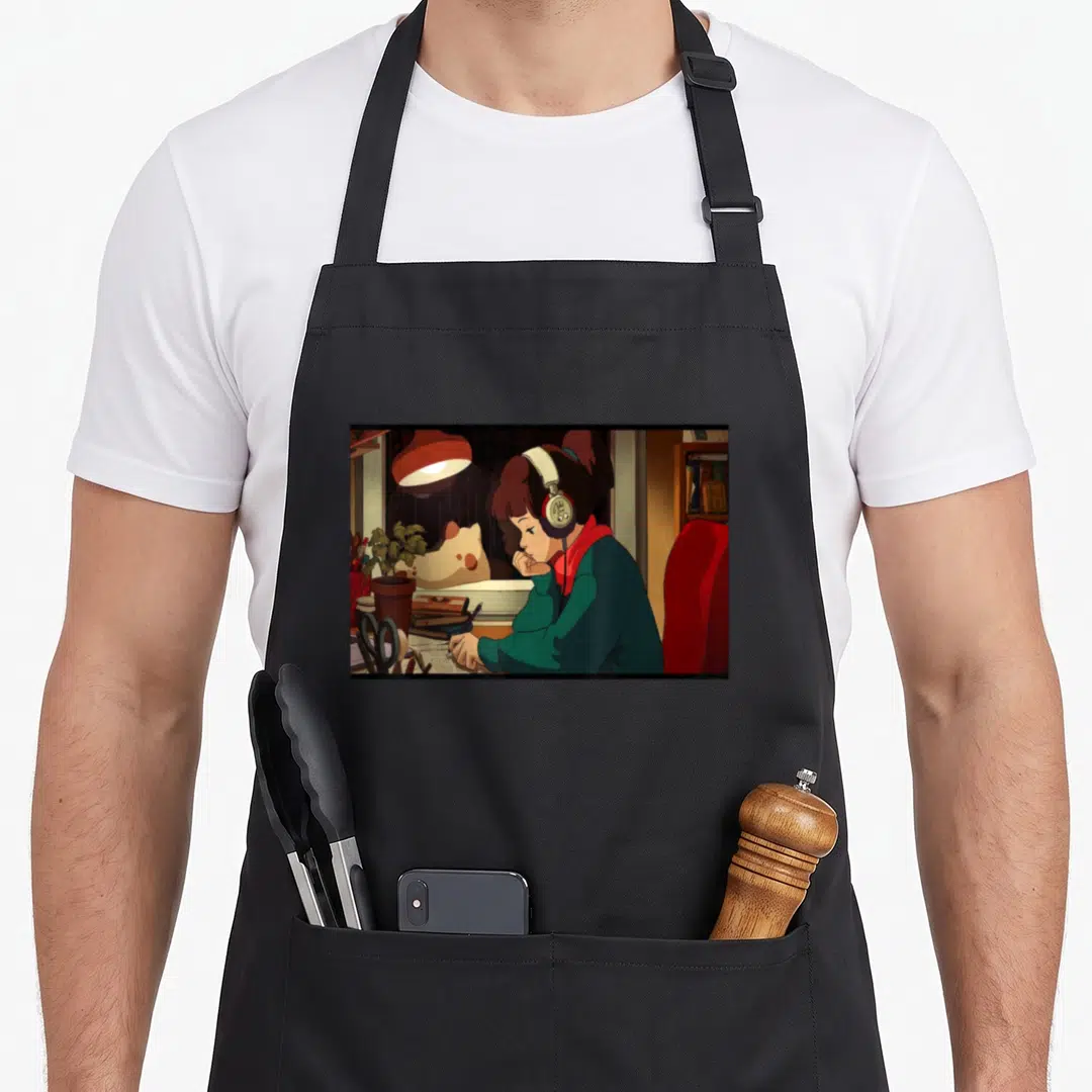 Chill hip apron - Cartoon girl in teal sweater wearing headphones at a desk with lamp and potted plant — shown on a black cotton canvas apron against a white background
