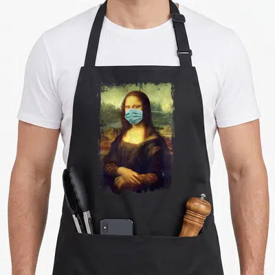 Mona famous aprons - Realistic portrait of Mona Lisa wearing blue surgical mask against landscape background — shown on a black cotton canvas apron against a white background