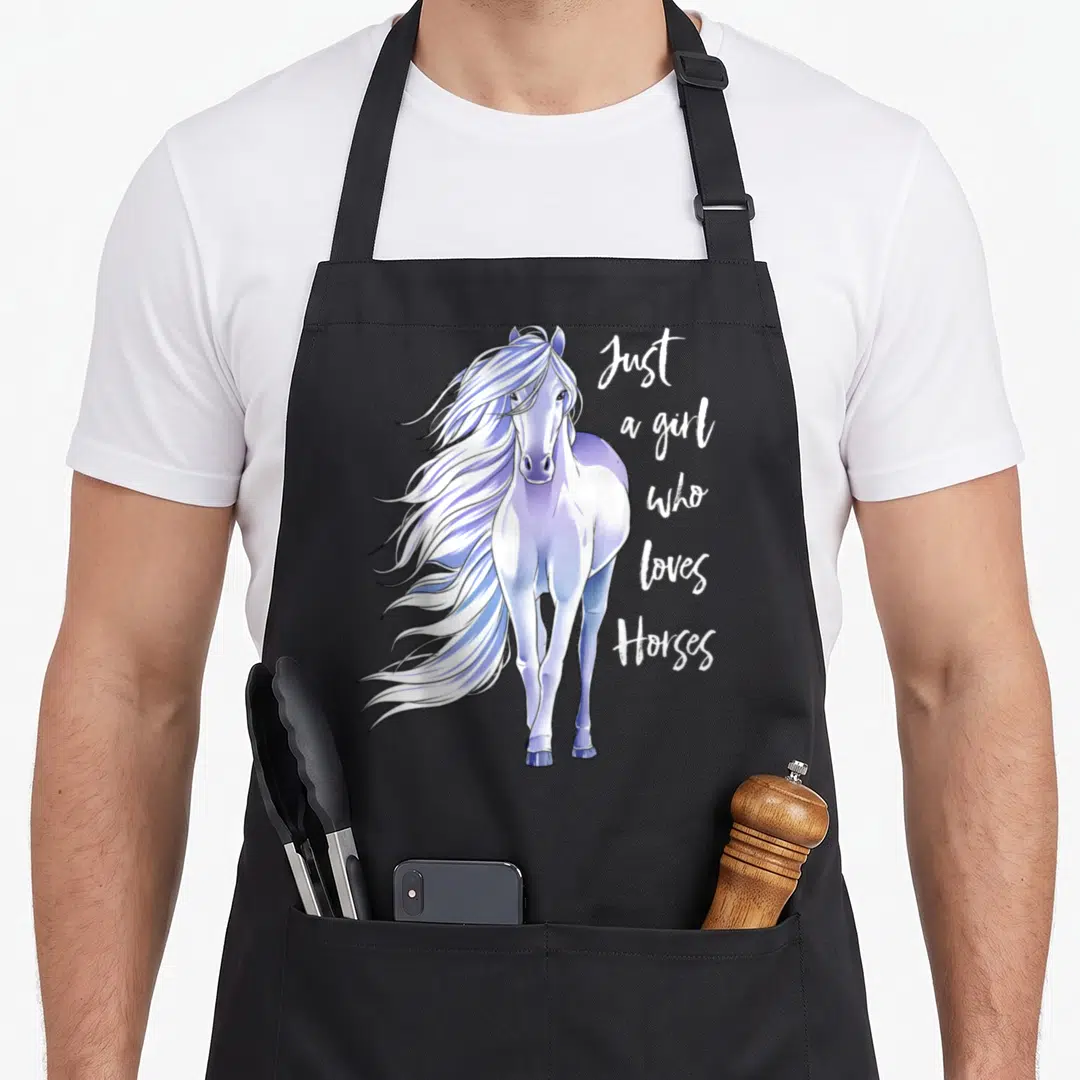 Horseback farm apron - Realistic horse in white and light purple with stacked script text — shown on a black cotton canvas apron against a white background