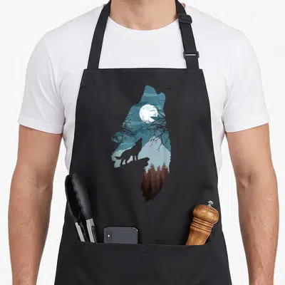 Forest full moon apron - Wolf silhouette containing moon, mountains, and forest scene in blue and brown — shown on a black cotton canvas apron against a white background